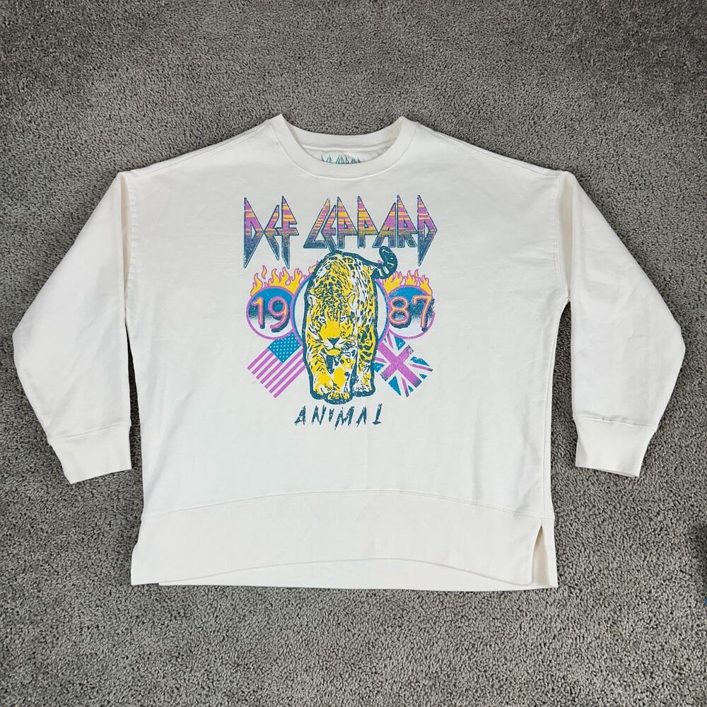 Def Leppard Sweatshirt Mens Large Ivory Animal 1987 Pullover Crewneck 80s